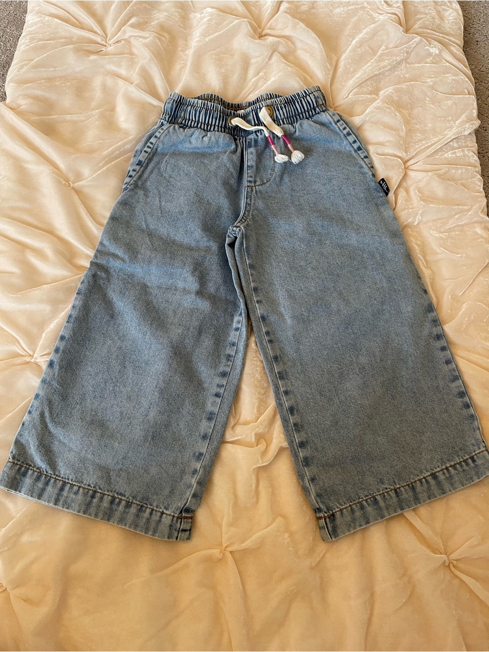 Light Blue Wide-Leg Kids Denim Pants with Drawstring Waist
